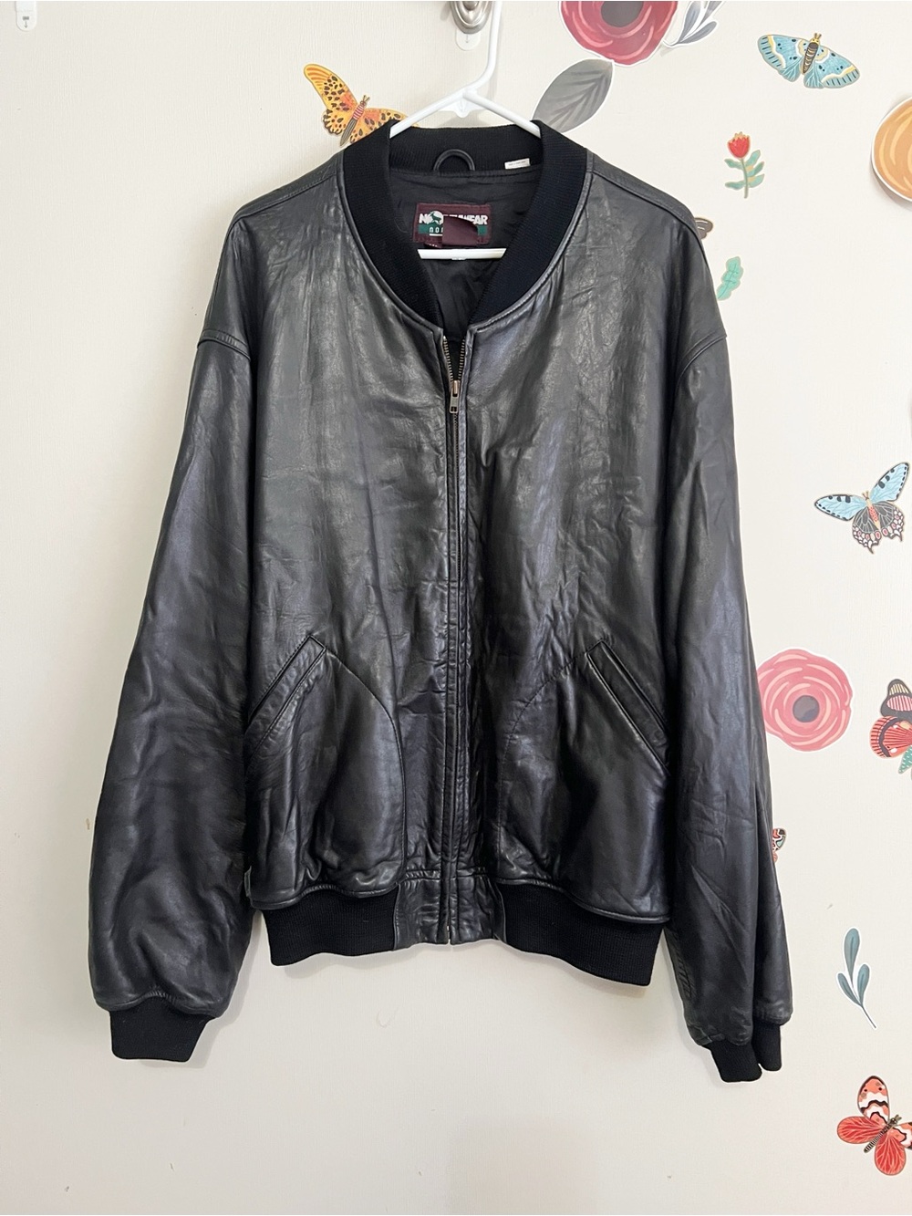 Vintage Black Leather Bomber Jacket